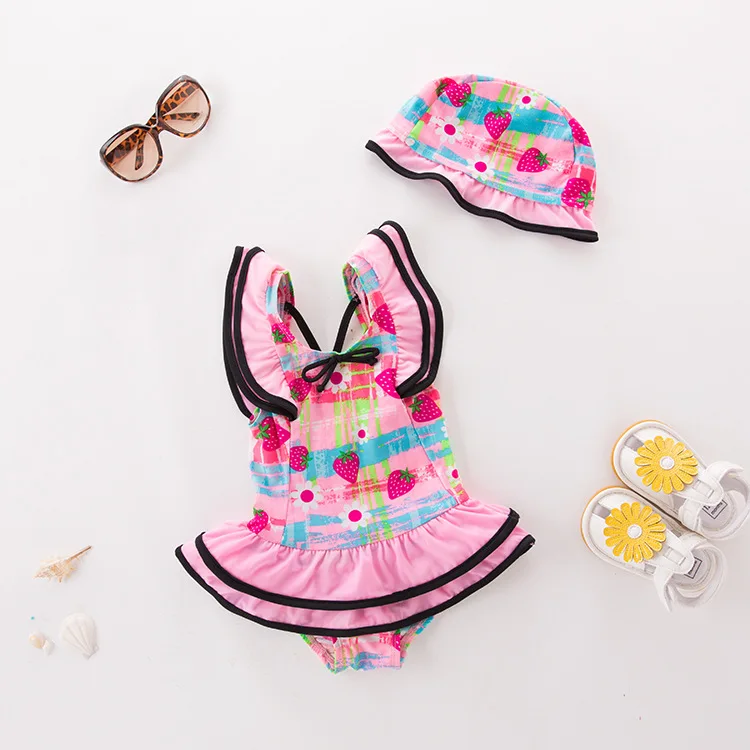 

Girl'S One-piece Swimming Suit Pink Black Edge Strawberry Hooded-Children Hot Springs Bathing Suit