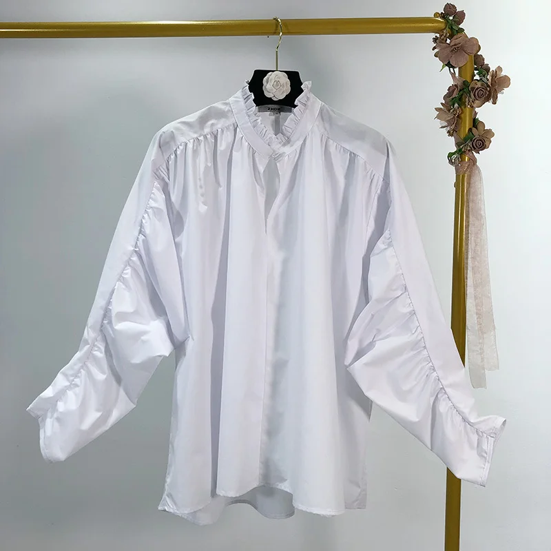 

[EWQ] 2019 Spring Autumn New Pattern Stand Collar Long Sleeve White Shirt Ruffles Patchwork Blouse Women Fashin Tide AH07600L