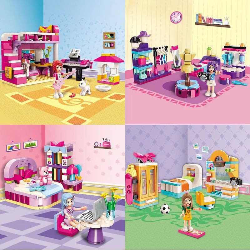 

Girl Building Block Brick Play House Toys Bedroom Model Set Children Educational Assembled Diy Small Particle Kids Toy Gift X12