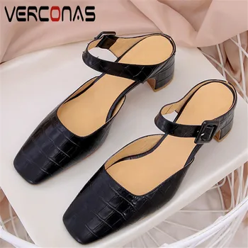 

VERCONAS 2020 Fashion Mules Woman Sandals Woman Pumps Brand Design Genuine Leather Concise Square Toe Square Heeled Shoes Woman