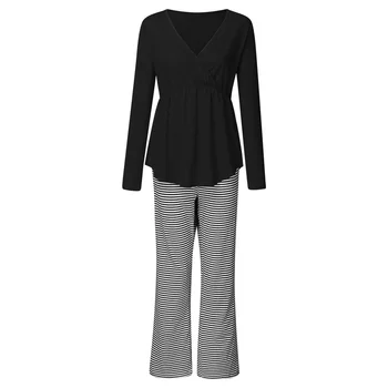 

Two Pieces Sleepwear Maternity Set Nursing Winter Striped Pants Nightdress V Neck Breastfeeding Soft Pajamas Long Sleeve Gift