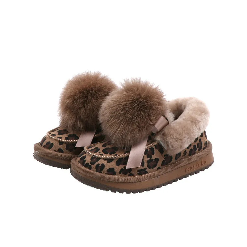 Leopard Print Children Snow Boots Big Wool Ball Girls Short Boots Warm Plush Cotton Shoes for Baby Slip on Winter Princess Shoes