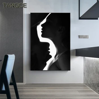 Cuadro de amantes de la lona en blanco y negro abstracto para chica, póster de chica Sexy moderno, impresión creativa, arte de pared para sala de estar, Cuadro Decorativo