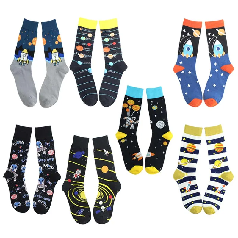 Забавные носки с креативным дизайном в виде планеты, милые хлопковые носки с инопланетянами, мужские носки для скейтборда, носки в стиле хип-хоп, Calcetines Hombre Divertidos Sokken