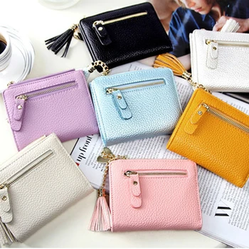 

BONJEAN Small Tassel Card Holder Women Wallet 2020 Short Design Leather Double Zip Two Fold Female Purse With Heart Chain BJ2363