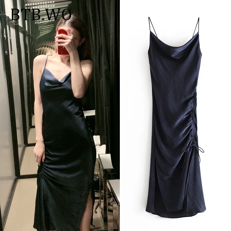 

BTB.WO Women Sexy Sling Satin Dresses Sleeveless Sling 2019 High Fork Deep V-neck Satin Long Dress Women Fashion Backless Dress