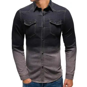 

Denim Shirts Men Gradient Tie dyeing Leisure Long sleeve Jeans Men's Shirts Casual Blouse Men Gray Blue