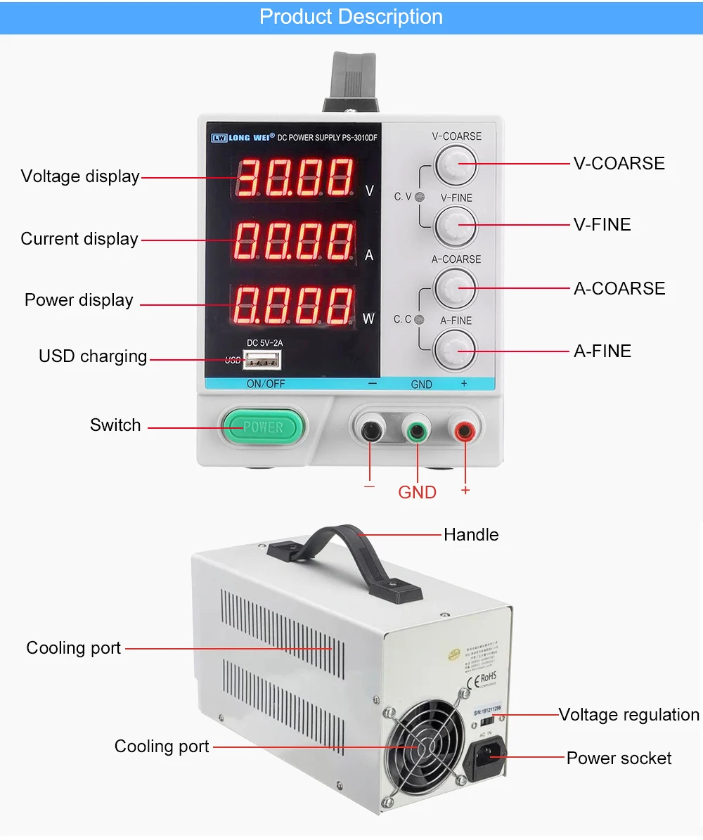Fuente de alimentación de laboratorio digital LED PS-3010DF 0-30V 0-10A transformador fuente de alimentación DC regulable DHL 
