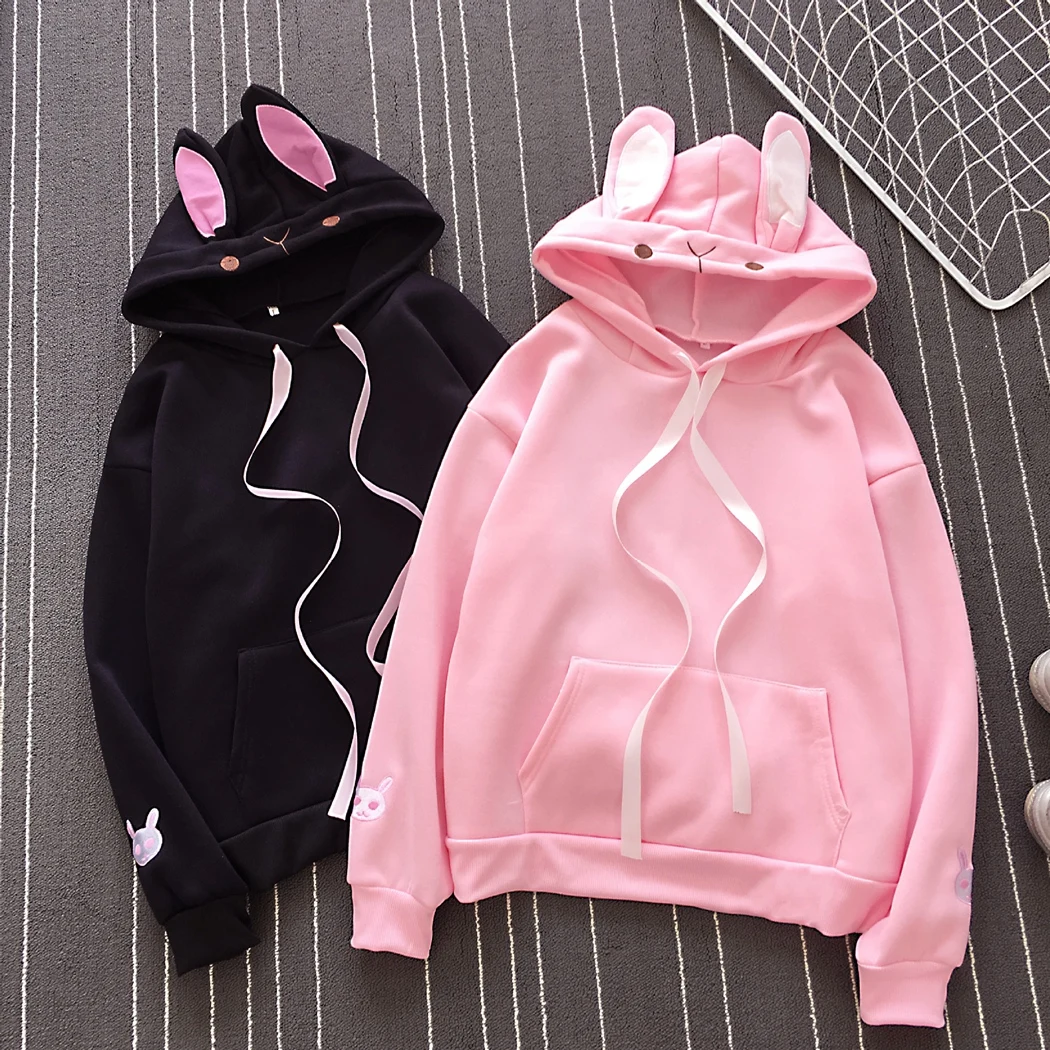 Kawaii Harajuku толстовки женские кроличьи уши Толстовка уличная 2019 осень зима теплый