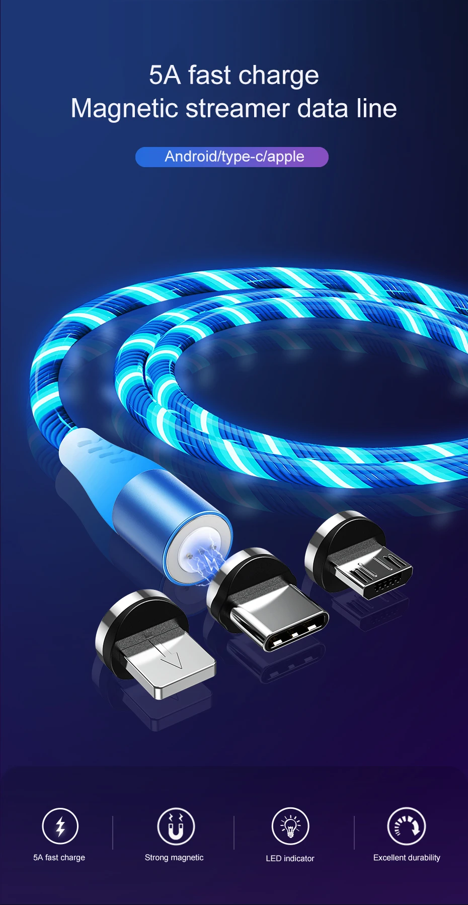 5А Магнитный текательный Micro USB кабель светящийся type-C кабель для быстрой зарядки 8 Pin 1 м 2 м Магнитный свет светодиодный кабель type-C