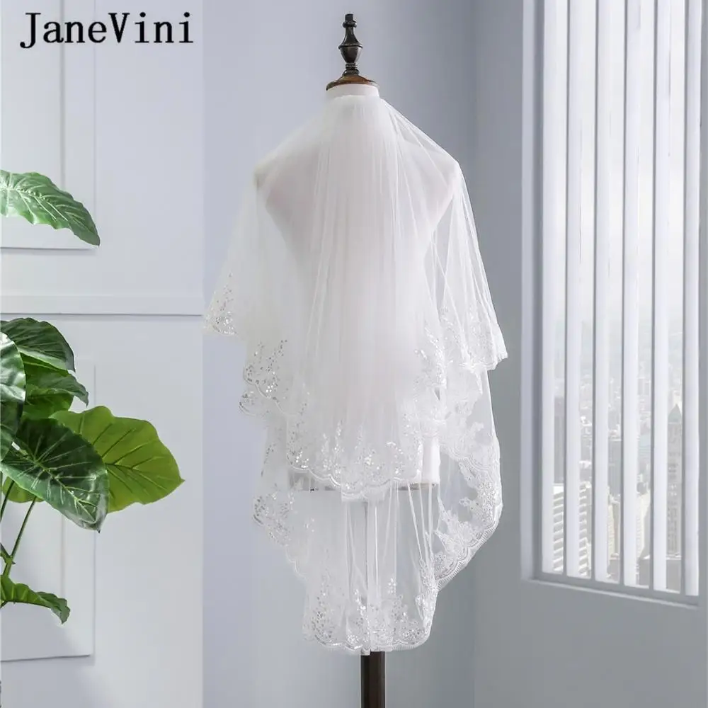

JaneVini Hot Sale Two Layers Bridal Veils with Comb Elbow Length Veil Lace Appliques Edge Sequins Short Wedding Hair Accessories