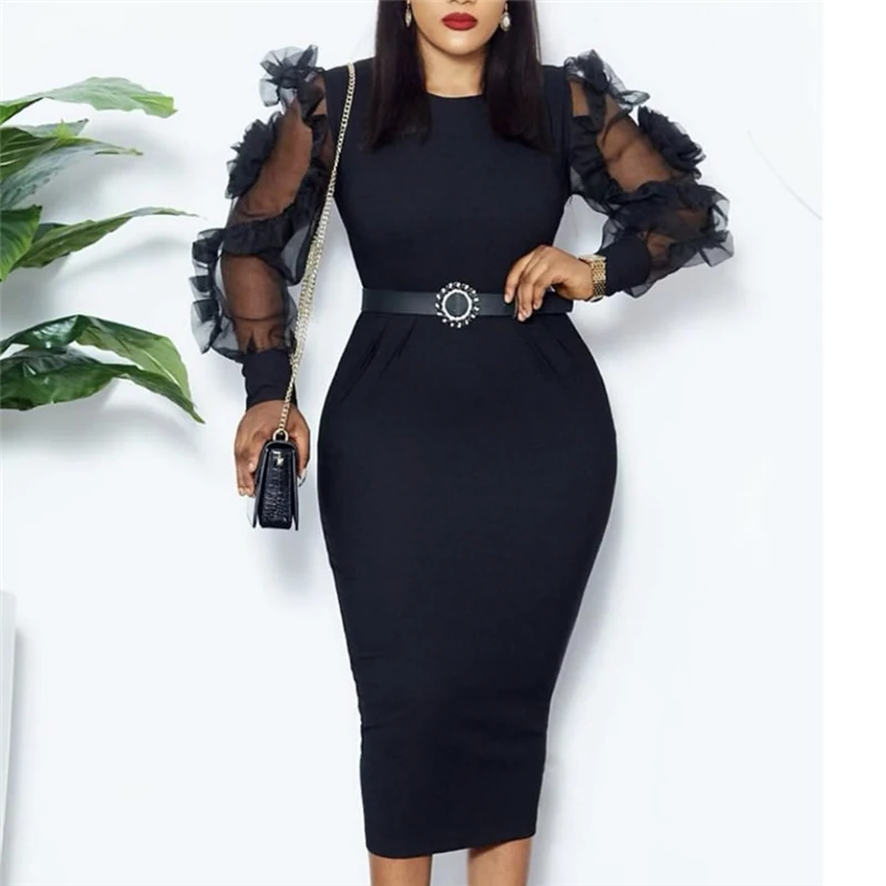

Sheer Long Sleeves Bodycon Dress Party Occasion Women Sexy Classy Elastic Elegant Office Ladies Modest Female Vestido De Mujer