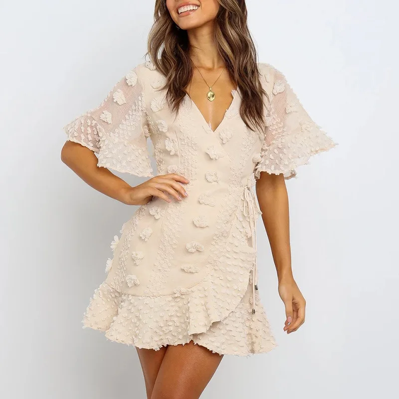

Elegant Butterfly Sleeve Flare Wrap Women Dress Casual Belt Summer Mini Dress Women Streetwear Vestidos Femme Robe Jurken 2019