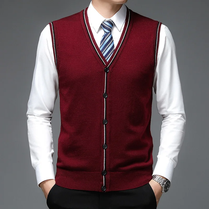 Nuevo cárdigan de punto con botones para hombre, suéter de lana sin mangas con cuello en V para primavera y otoño, chaleco informal para hombre, cárdigan de punto