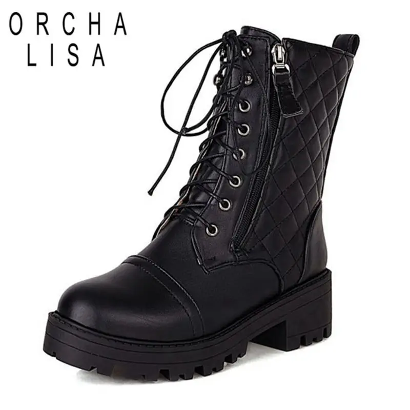 

ORCHALISA New Fashion Winter motorcycle Boots For Women Lace-up Mid-calf Boots Black White Winter Spring Pu Leather Hiking Shoes