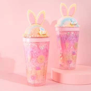 

Rabbit Ear Creative Water Bottle Straw Type with Lid Summer Large Capacity Student Cute Ice Cup Plastic Female Cartoon