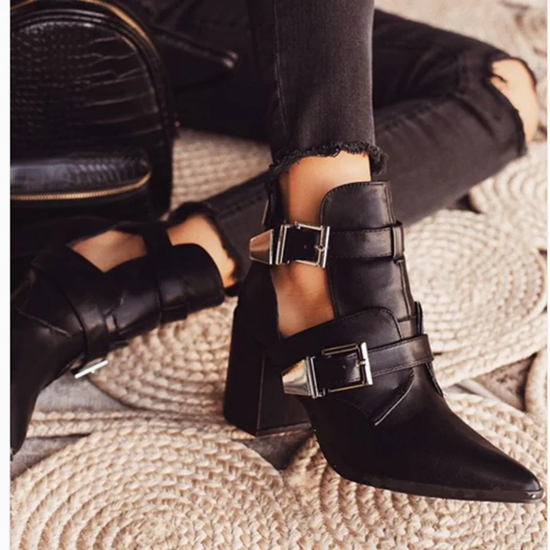 

Leisure Mature Women Autumn Ankle Boots Solid Pointed Toe Buckle Vintage Short Boots Med PU Concise Winter Shoes Plus Size