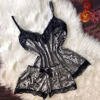 

Women Sleepwear Summer Sexy Satin Pajama Set Lace V-Neck Pyjamas Ladies Sleeveless Cute Cami Top and Shorts .