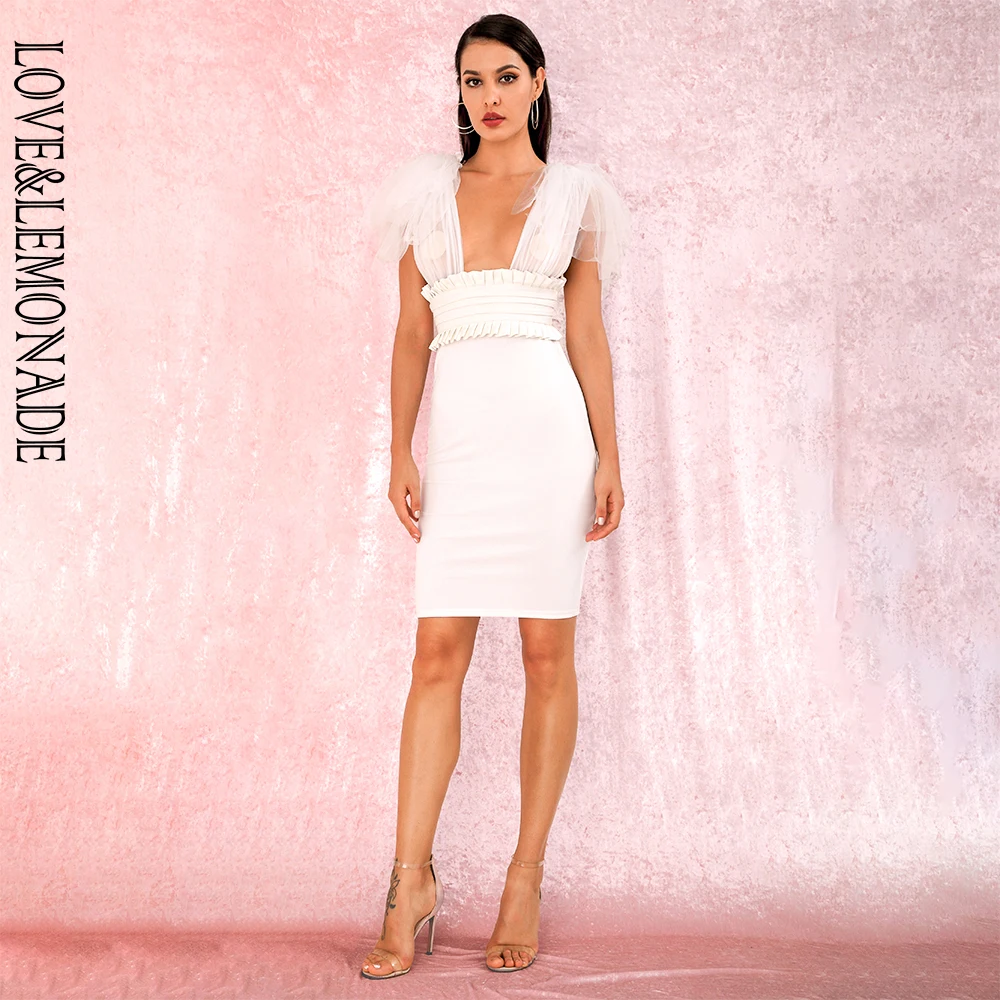 

LOVE&LEMONADE Sexy White Bandage V-Neck Mesh And PU Decoration Bodycon Party Dress LM81919