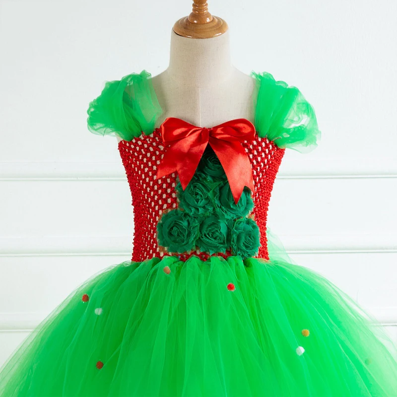 Рождественское танцевальное платье для вечеринки для девочек; зеленые цветы; Рождественская елка; фатиновая юбка-пачка для девочек; рождественские ночные костюмы; платье для дня рождения