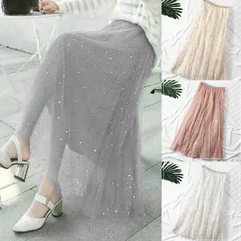

2020 New Women Elegant Skirt High Waist Maxi Dress Skater Flared 3 Layers Tulle Pleated Long Skirt