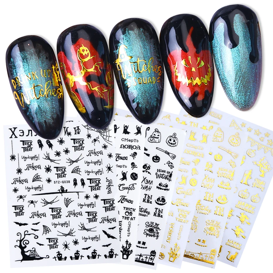 

1pc Gold Black Halloween Slider 3D Nail Art Stickers Ghost Letters Spider Web Self Adhesive Decal Nail Decorations BSTZ-G032-040