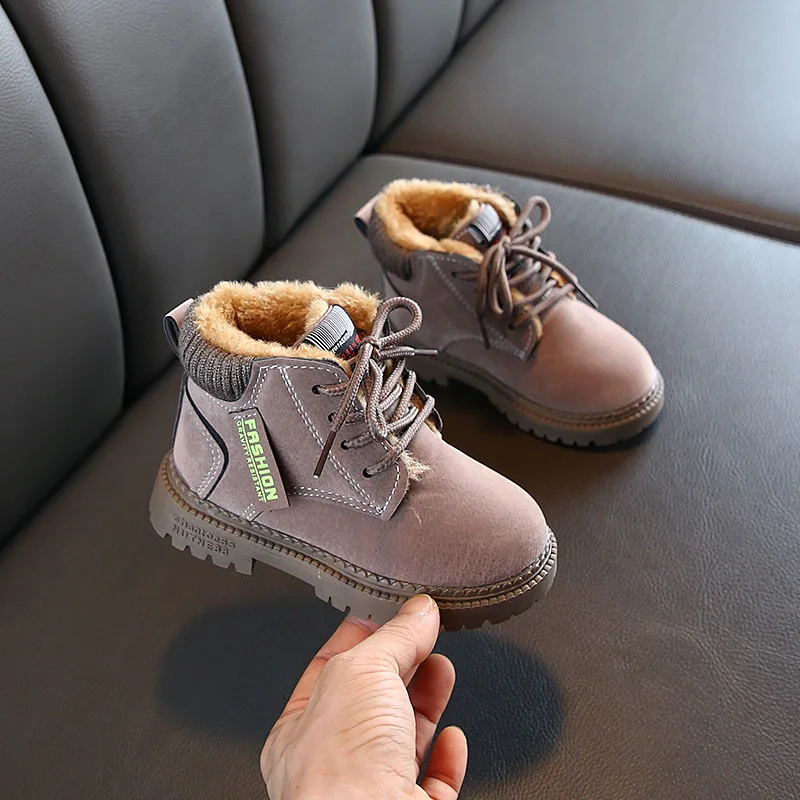 Детские зимние модные кожаные ботинки для девочек и мальчиков; Теплые Ботинки martin; Повседневная плюшевая детская обувь для малышей - Цвет: photo color