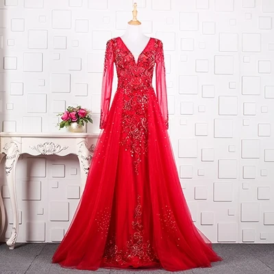 as photo red YY071 красное вечернее платье с длинным рукавом и v-образным вырезом на молнии сзади темно-синее торжественное платье vestido de fiesta largos de noche elegante - Цвет: as photo red