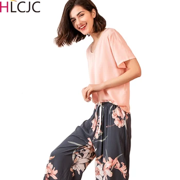 

2020 New Summer Women's Cotton Pyjamas Printing Pijamas Short-sleeved Long Pants Sleepwear Home Suit Women Pajamas 2 Piece Set