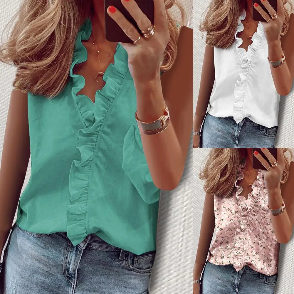 Camisa transpirable sin mangas para mujer, Blusa con cuello en V, dobladillo con volantes, Top de algodón de manga corta, ropa suave barata de verano