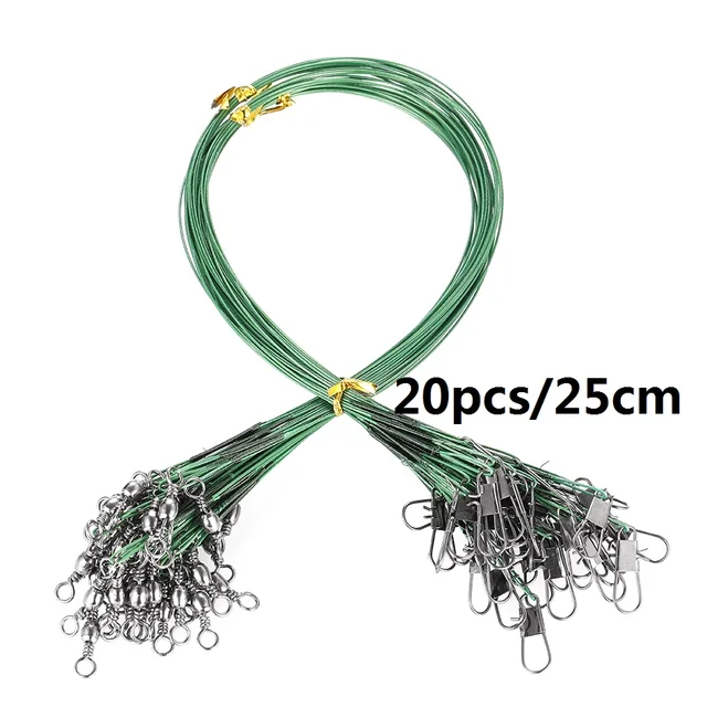 20PCS Anti Bite Steel Fishing Line Steel Wire Leader With Swivel Fishing Accessory Lead Core Leash Fishing Wire 15CM-40CM Green 25cm