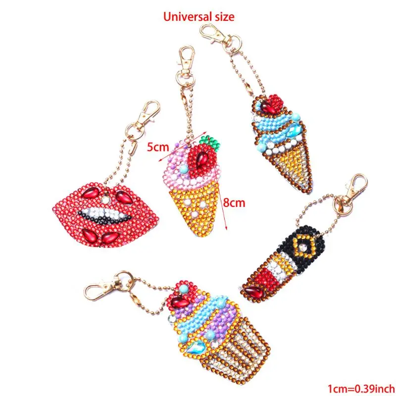 

5pcs/Set Full Drill Diamond Painting Key Chain Bag Pendant for Art Craft Key Ring Phone Charm Bag Decor，Ice cream and lipstick
