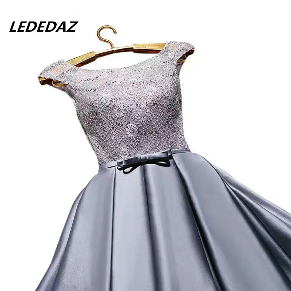 

Graceful Ladies Short Pleated Satin Prom Dress Customized Sequined A Line Scoop Neck Lace Prom Gowns With Bowknot Gala Jurken