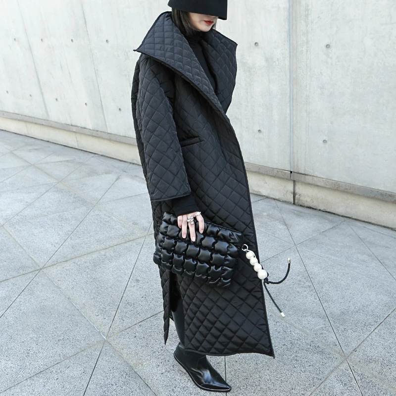 [EAM] черный большой размер длинное пальто с хлопковой подкладкой длинным рукавом