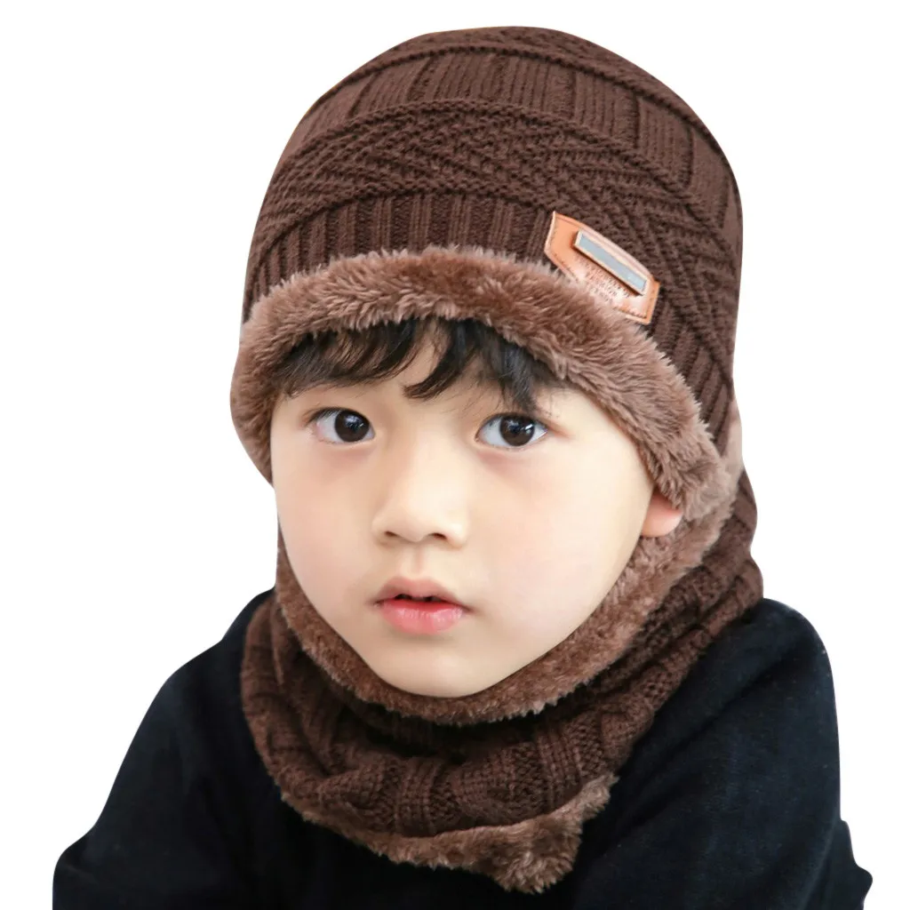 Флисовые контрастные цвета вязаные дышащие теплые зимние шапки для детей шапка+ шарф комплект из двух предметов мягкая удобная детская шапка