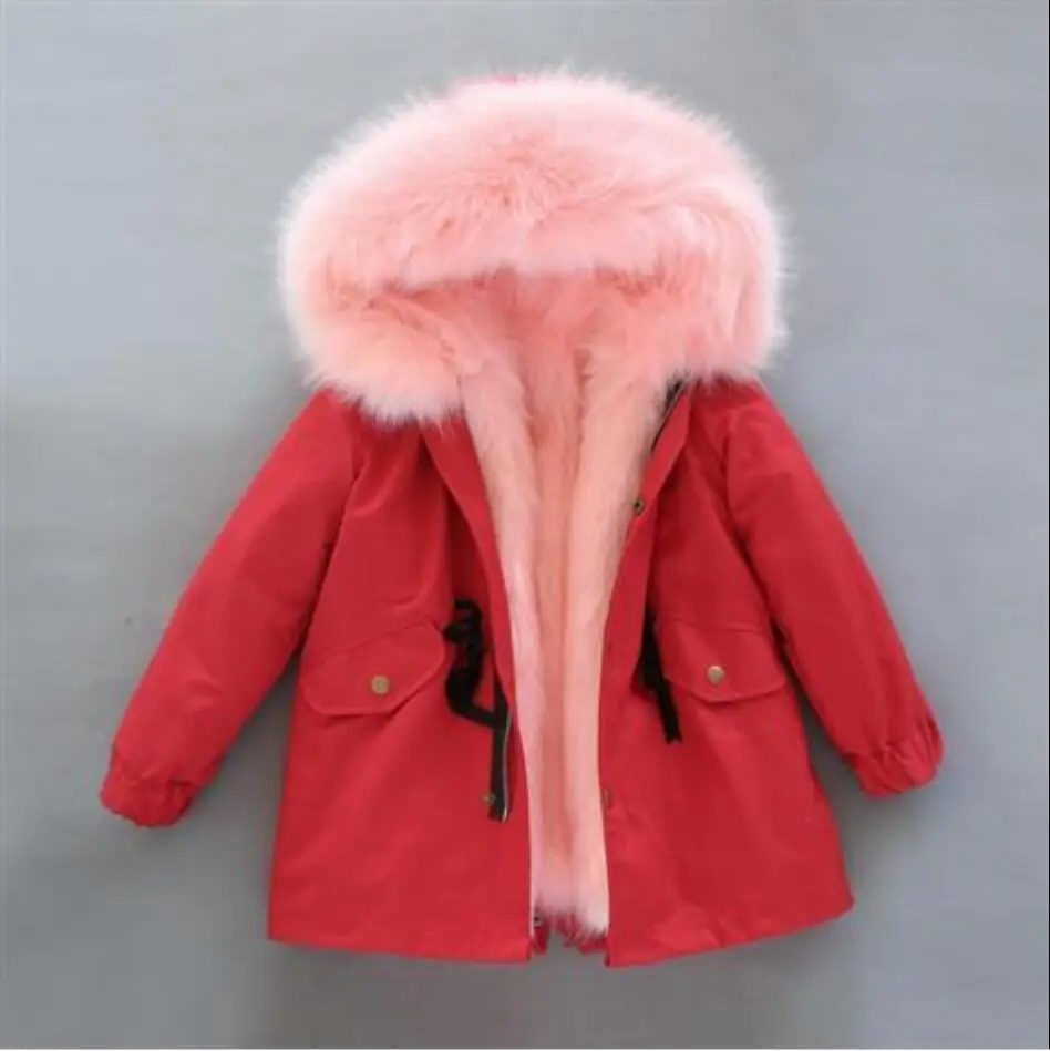 В году, новое зимнее меховое пальто для девочек Дети мальчики съемный искусственный Лисий Мех Подкладка куртки детские теплые толстые парки с капюшоном K32 - Цвет: red and pink