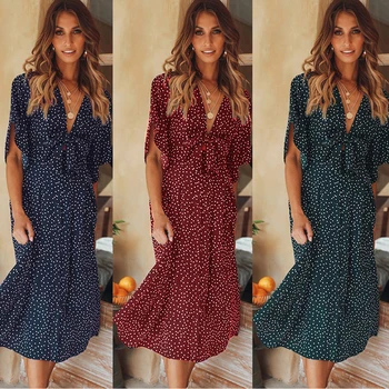 

2019 Newest Women Boho Polka Dot Printed Women's Fashion V-Neck Lace-up Bowknot Dress Short-sleeved Dress Holiday Midi Dress