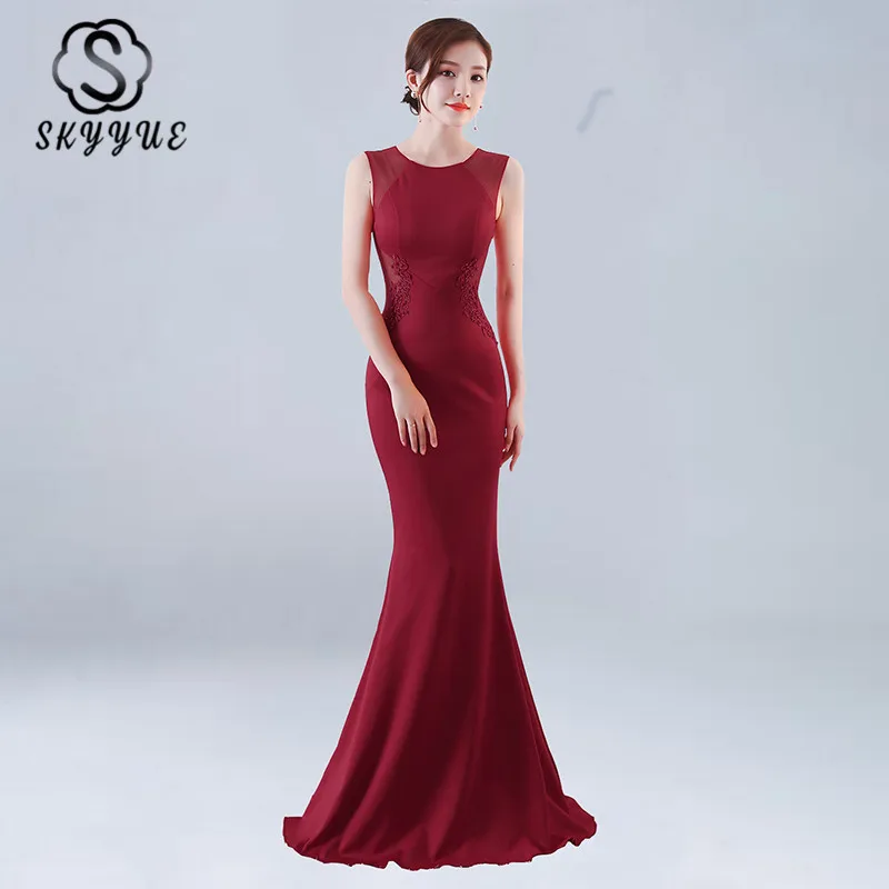 

Skyyue Evening Dress O-neck Embroidery Women Party Dresses Soild Elegant Robe De Soiree 2019 Sleeveless Plear Evening Gowns C188