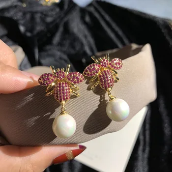 

S925 Silver Needle Cute Bee Stud Earrings Gold Tone Pave Purple Red Blue Green Zircon Pearl Earrings For Women INS Jewelry