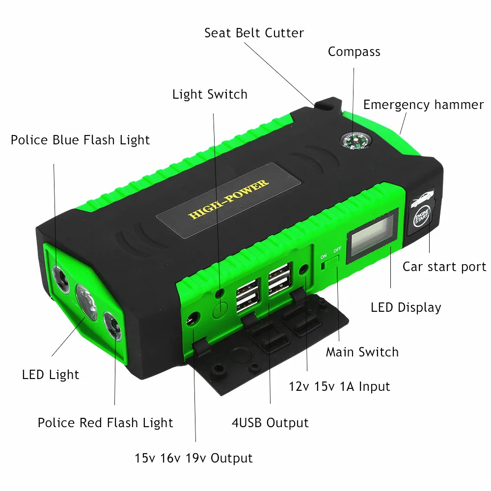Multifunctional Jump Starter Car Battery Power Start Booster Batterie 12V Emergency Device For Auto Charge Cable With LED Light