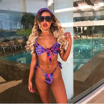 

Sexy Thong Bikini Sets 2020 Women Swimsuit Purple Snake Print Swimwear Brazilian Girls Beach Bathing Suit Swimwear with Belt