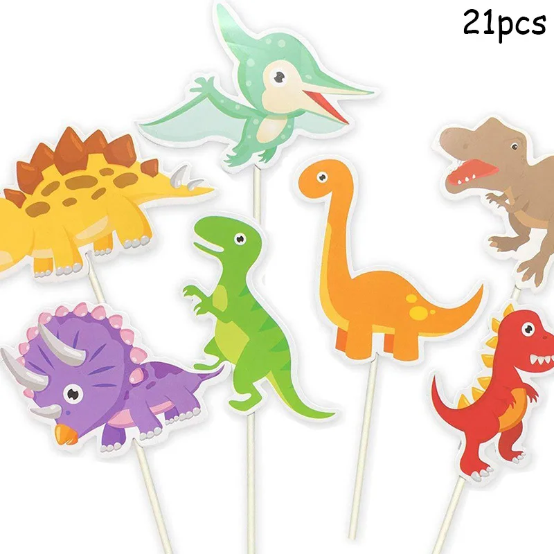 Cake Toppers 21pcs/set Cartoon Dinosaur Cupcake Toppers Dinosaur Theme Boy 1st Birthday Party Decoration Dino Theme Party