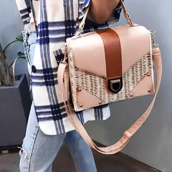 

Rattan Woven Square Shoulder Bags Lock PU Leather Splicing Women Flap Handbags Ladies Top-handle Crossbody Bags