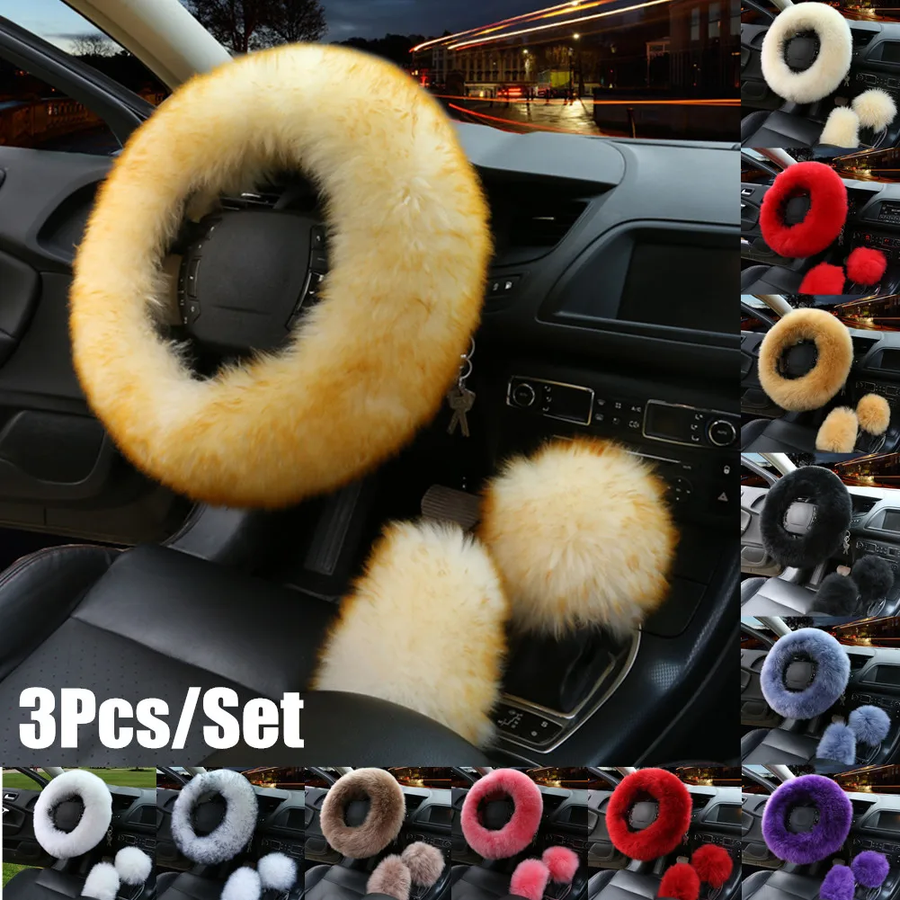 

3Pcs Car Furry Steering Wheel Cover For Girls Winter Warm Plush Soft Wool Handbrake Cover Gear Shift Cover Car Accessory