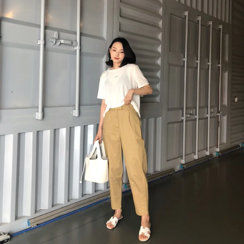 [LIVIVIO] Casual Ankle Length Loose Harem Pants High Waist Korean Fashion Clothing New