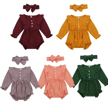 

FOCUSNORM 0-24M Newborn Baby Girls Boys Rompers Solid Ruffles Long Sleeve Button Jumpsuits 5 Colors Outfits