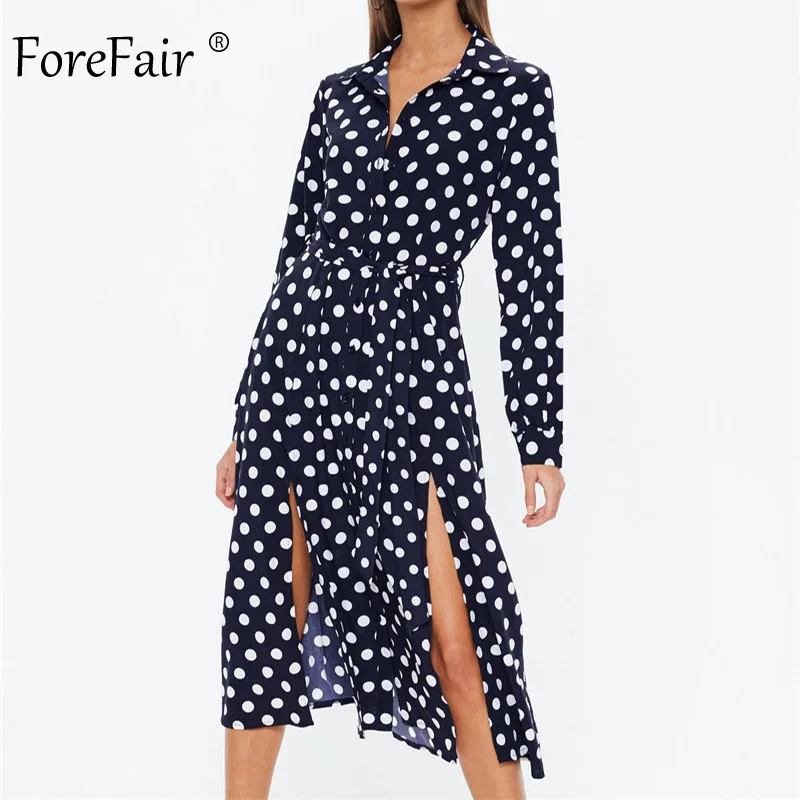 

Forefair Casual Midi Polka Dot Dress for Women Autumn Sashes Tunic Navy Blue Black Button Slim Slit Sexy Long Sleeve Party Dress