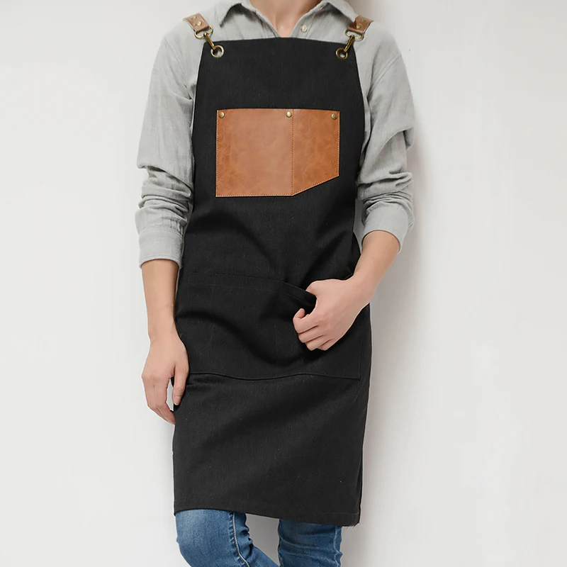 Fashion Adjustable PU Canvas Apron Coffee Shop Barber Aprons Bib Cooking Kitchen Aprons For Woman Man Work Apron With Pockets
