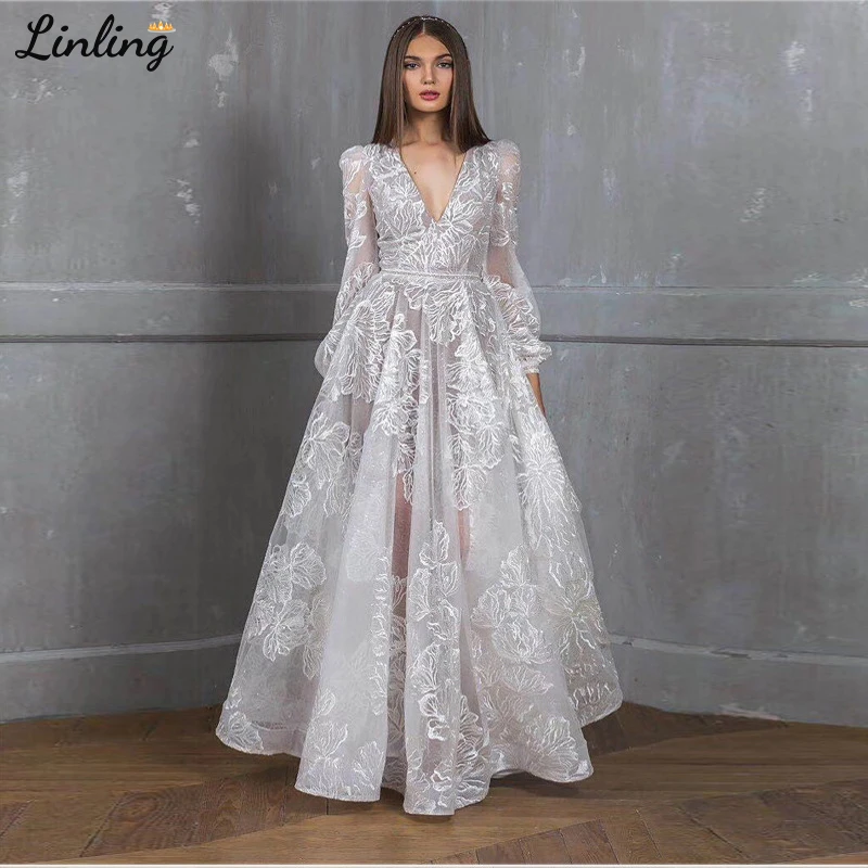 

LINLING White Lace Evening Dresses Women sukienki wizytowe For Wedding Party V-Neck Floor Length Long Sleeves A-Line Formal Gown