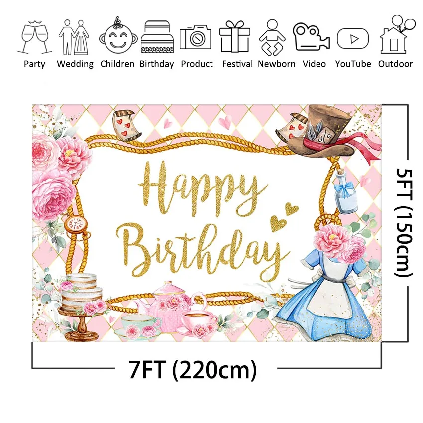 Mocsicka-tea Party Backdrop Princess Photo Background First Birthday Alice no País das Maravilhas Photoshoot - Image 4
